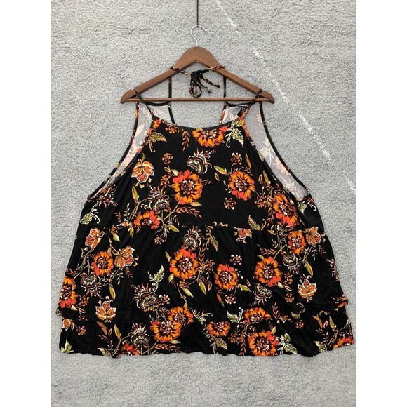 TORRID 5 Spaghetti Strap Black Orange Floral Tiered Tie-Neck Blouse Top Drapey - Picture 1 of 10